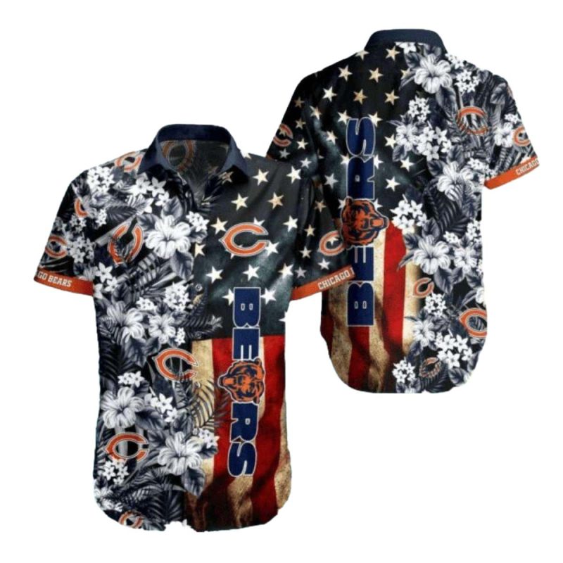 Chicago Bears American Flag And Floral Hawaiian Shirt 1