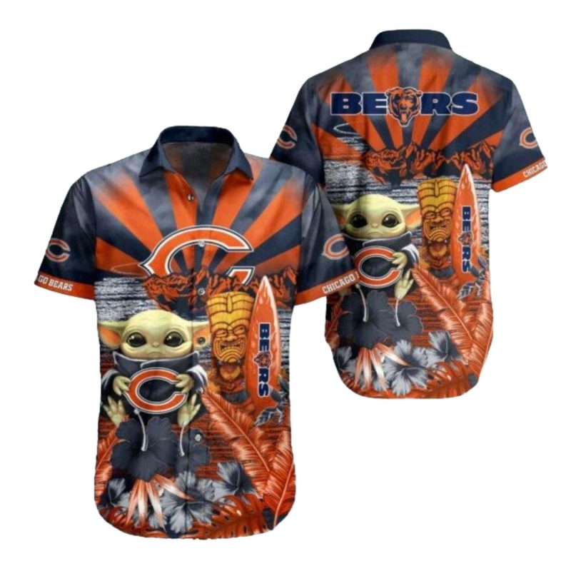 Chicago Bears And Baby Yoda With Sunset And Tiki Graphics Hawaiian Shirt 1