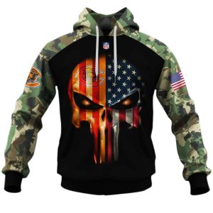 Chicago Bears Army Camouflage American Flag Punisher AOP Hoodie