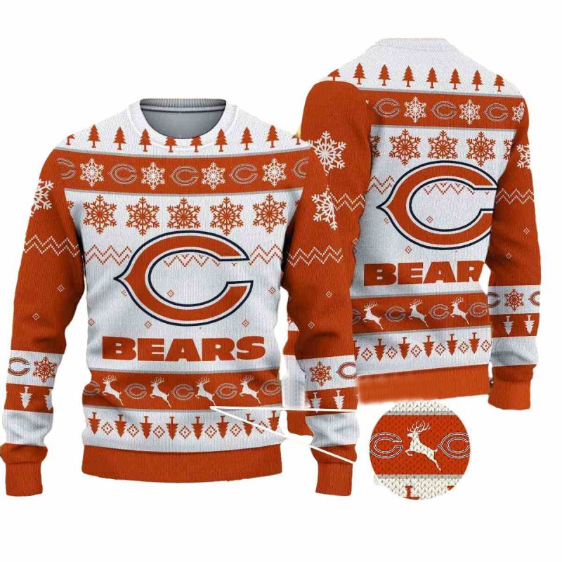 Chicago Bears Big Logo Snowflake And Reindeer Ugly Sweater 1
