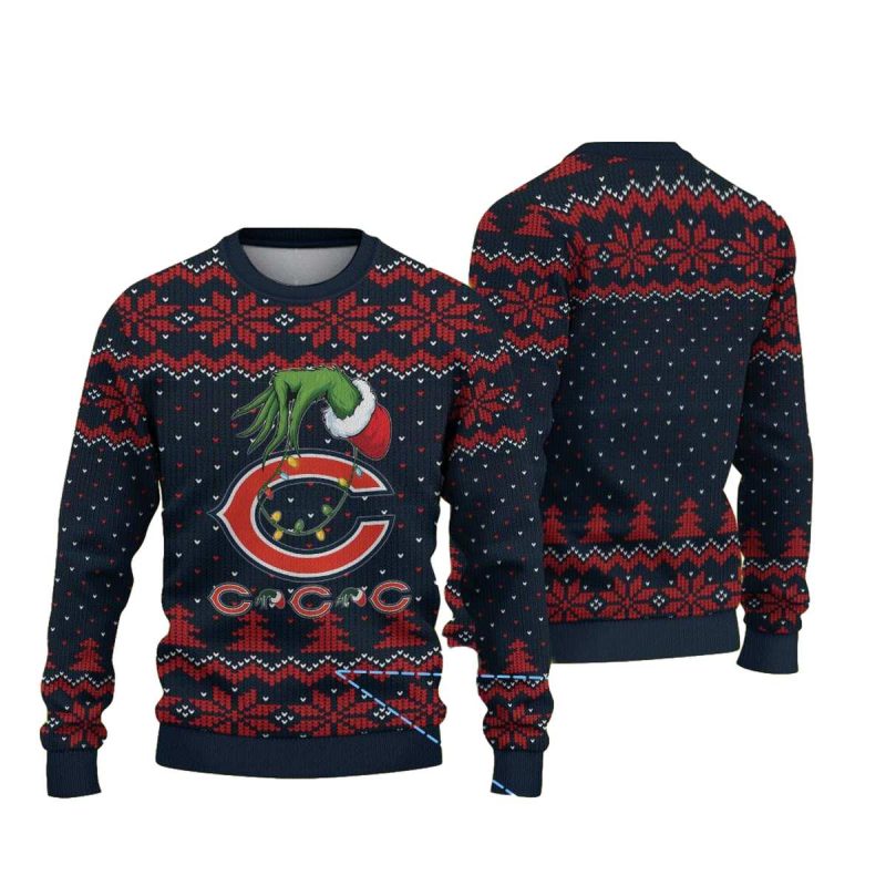 Chicago Bears Grinch Hand Navy Blue And Red Snowflake Pattern Ugly Sweater 1