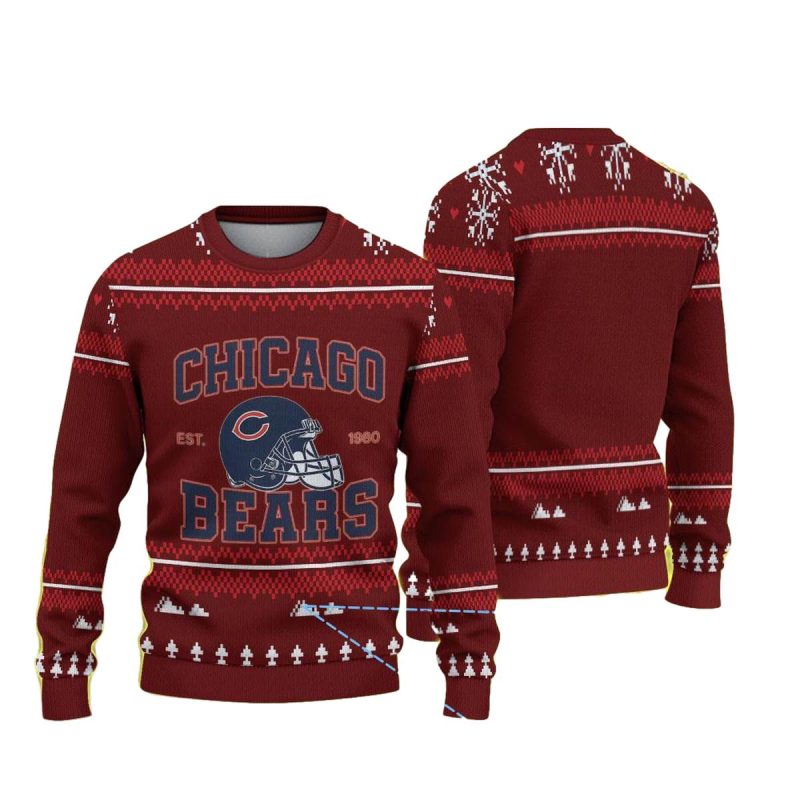 Chicago Bears Helmet Logo Maroon And Red Geometric Tree Pattern Ugly Sweater 1