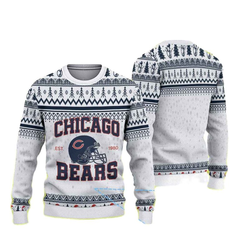 Chicago Bears Helmet Logo White And Navy Blue Nordic Pattern Ugly Sweater 1