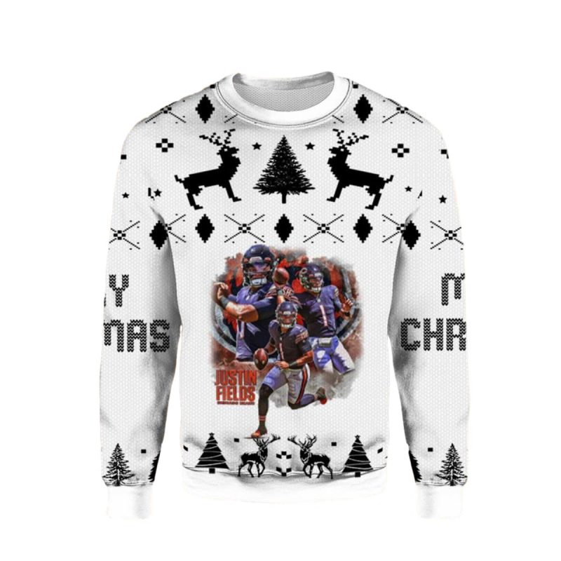Chicago Bears Justin Fields No 1 White Pattern Ugly Sweater 1