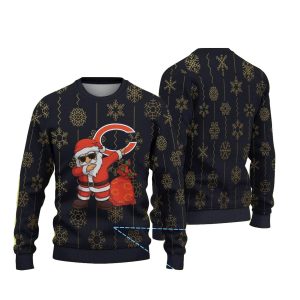 Chicago Bears Logo And Dabbing Santa Black And Gold Snowflake Pattern Ugly Sweater