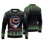 Chicago Bears Logo And Greaful Dead Black And Green Christmas Tree Pattern Ugly Sweater