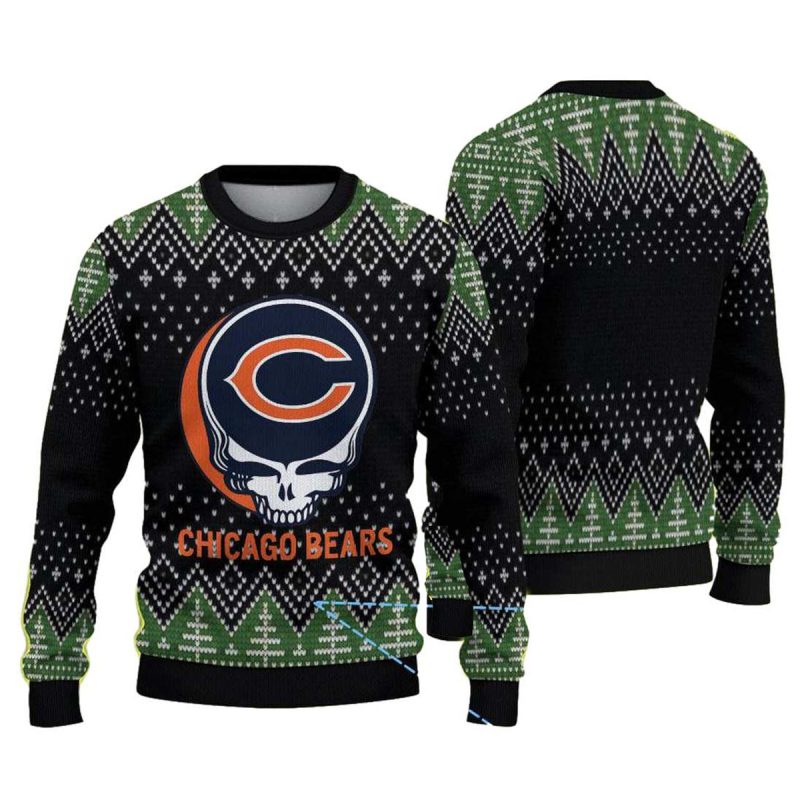 Chicago Bears Logo And Greaful Dead Black And Green Christmas Tree Pattern Ugly Sweater 1