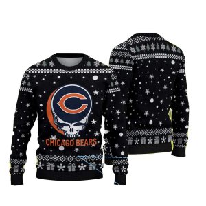 Chicago Bears Logo And Greaful Dead Black Snowflake And Gift Pattern Ugly Sweater