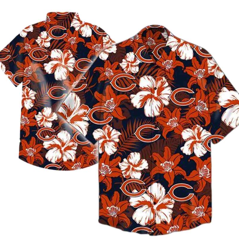Chicago Bears Logo And Hibiscus Orange Hawaiian Shirt 1