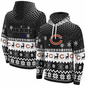 Chicago Bears Logo And Reindeer Motif Blue AOP Hoodie