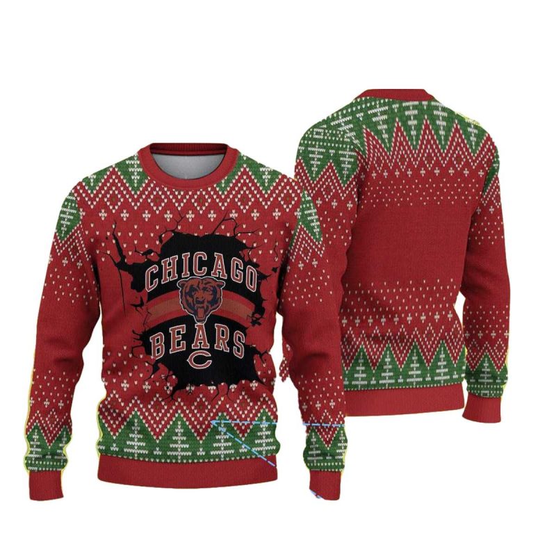 Chicago Bears Logo Burst Red And Green Christmas Tree Pattern Ugly Sweater 1