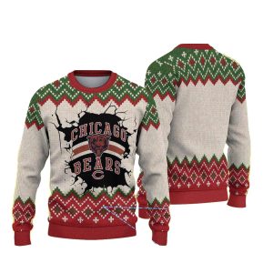 Chicago Bears Logo Crack Design Beige And Red Zigzag Pattern Ugly Sweater