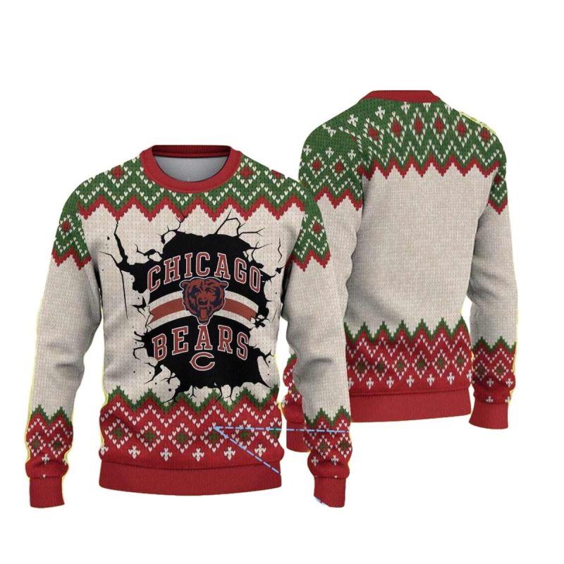 Chicago Bears Logo Crack Design Beige And Red Zigzag Pattern Ugly Sweater 1