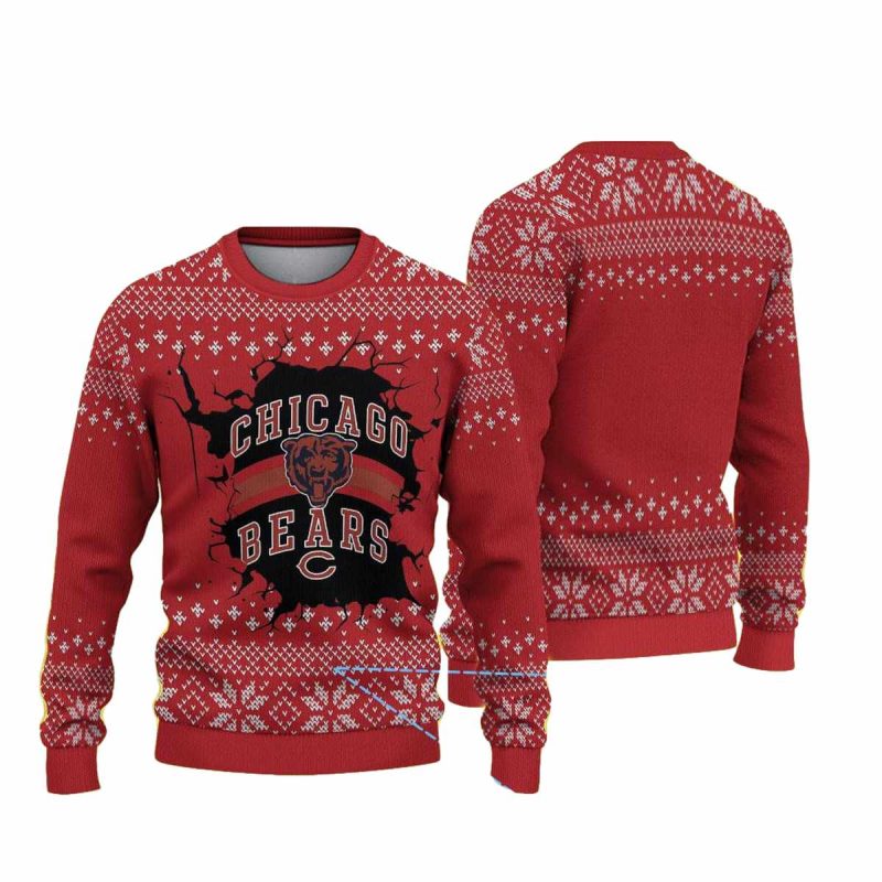 Chicago Bears Logo Crack Design Red Snowflake Knit Pattern Ugly Sweater 1