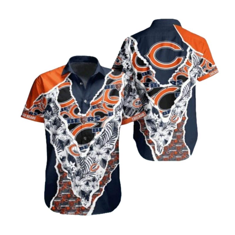 Chicago Bears Logo With Ripped Effect And Floral Hawaiian Shirt 1