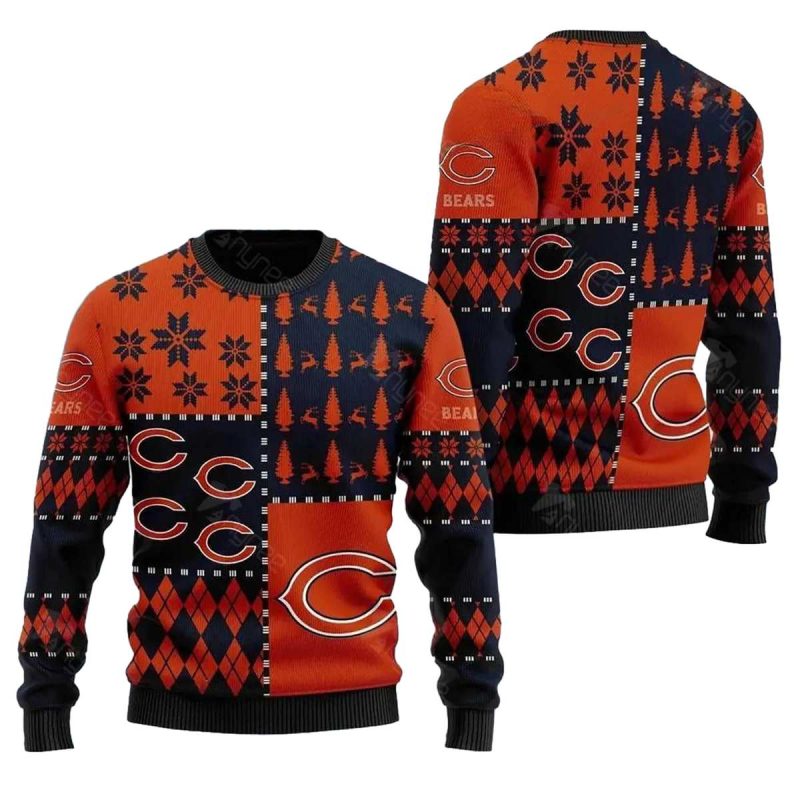 Chicago Bears Multi Logo Black And Orange Pattern Ugly Sweater 1