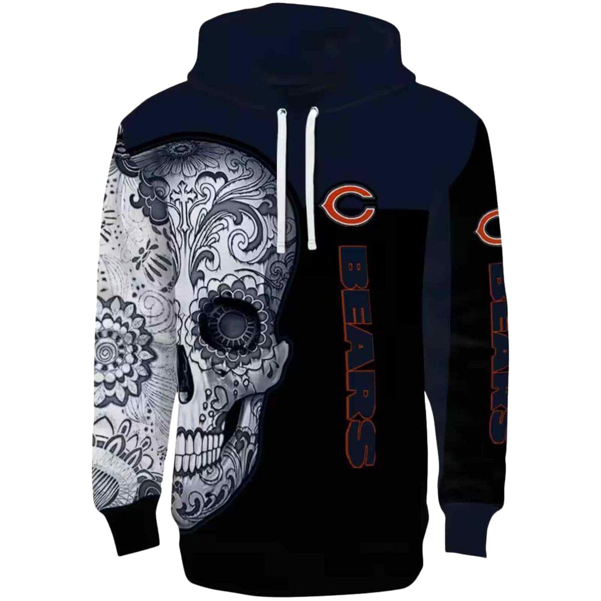 Chicago-Bears-Sugar-Skull-Blue-Black-AOP-Hoodie-2