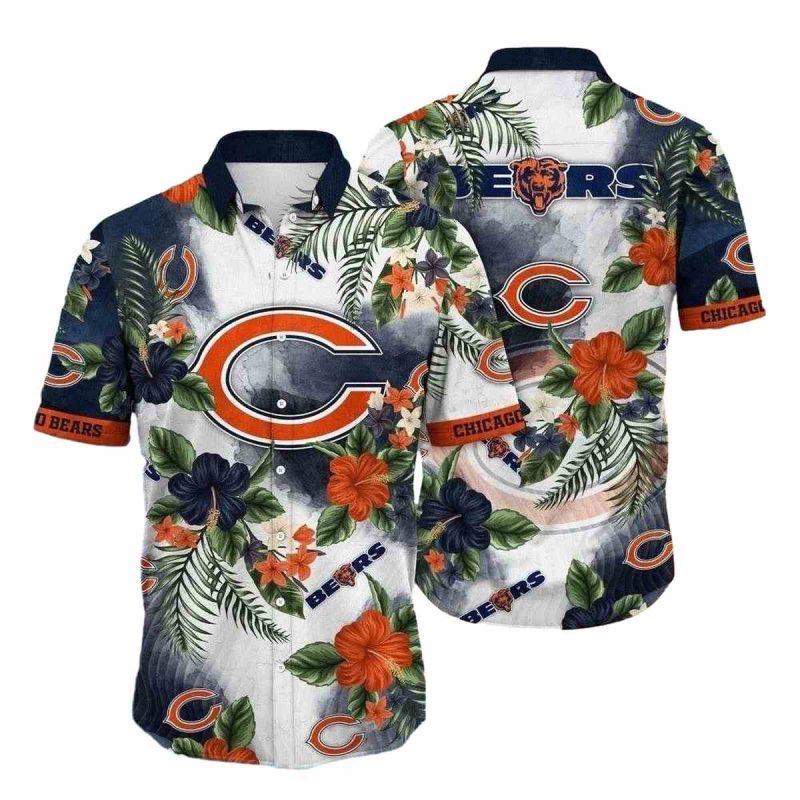Chicago Bears Tropical Game Day Blue And Orange Hibiscus Hawaiian Shirt 1