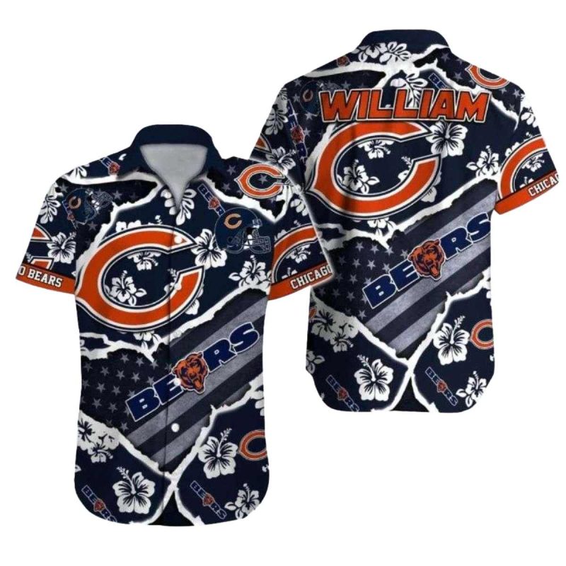 Chicago Bears Us Flag And Hibiscus Hawaiian Shirt 1