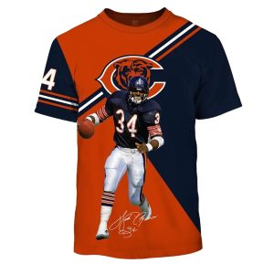 Chicago Bears Walter Payton 34 Signature Blue And Orange AOP T Shirt