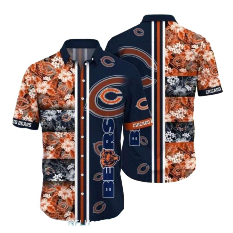 Chicago Bears With Floral And Striped Design Hawaiian Shirt 1