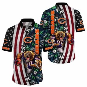 Chicago Bears ropical Bear Roar And US Flag Hawaiian Shirt