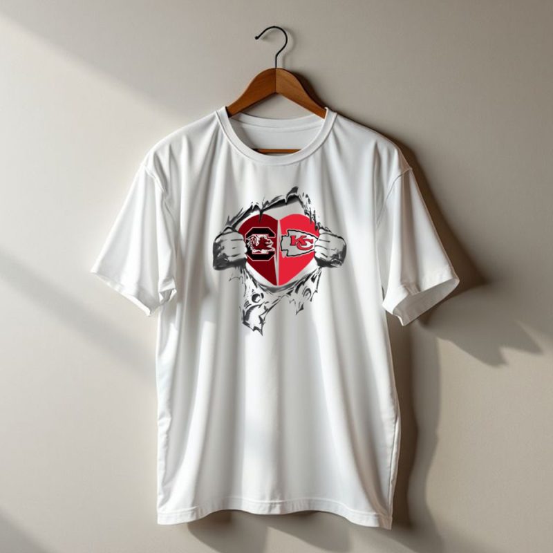 Chiefs And Gamecocks Heart Design Featuring Rival Symbols And Torn Fabric T Shirt T Shirt 1 1