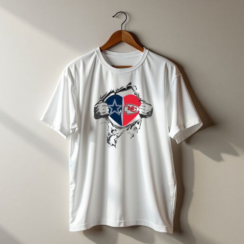 Chiefs Cowboys Heart Logos Torn Fabric T Shirt T Shirt 1 1