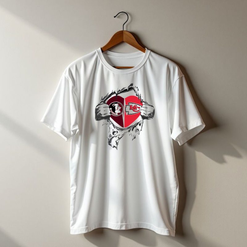 Chiefs Seminoles Heart Symbol With Foam Fingers And Logos In Torn Fabric T Shirt T Shirt 1 1