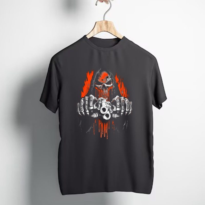 Cleveland Browns 52 Skull Grinning Reaper With Cleveland Helmet And Orange Flames T Shirt 1 T Shirt 1