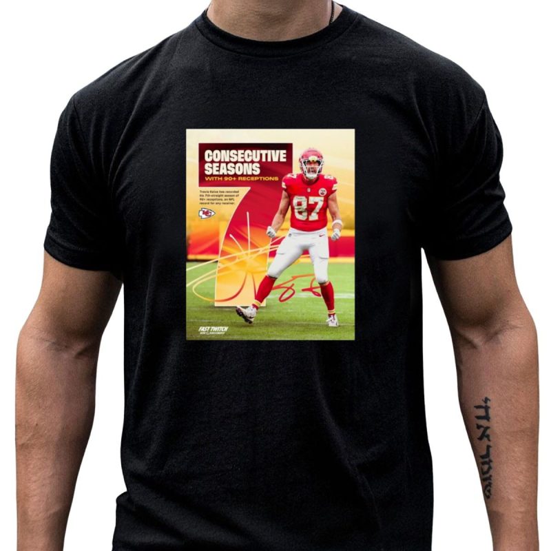 Consecutive Seasons With 90 Receptions Kansas City Chiefs Travis Kelce Signature T Shirt T Shirt 1 1