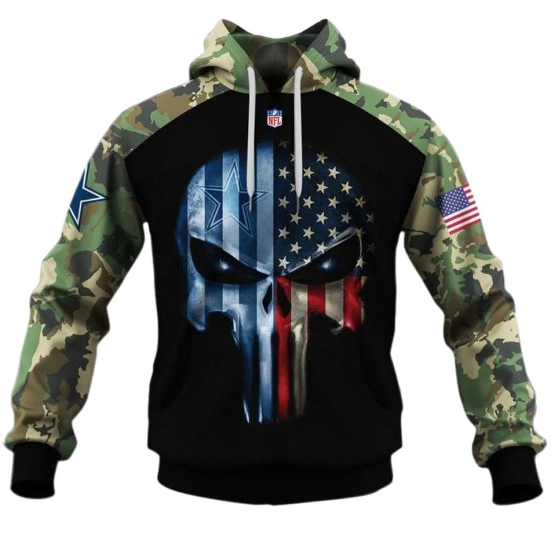 Dallas Cowboys Army Camouflage American Flag Punisher Skull Aop Hoodie 1