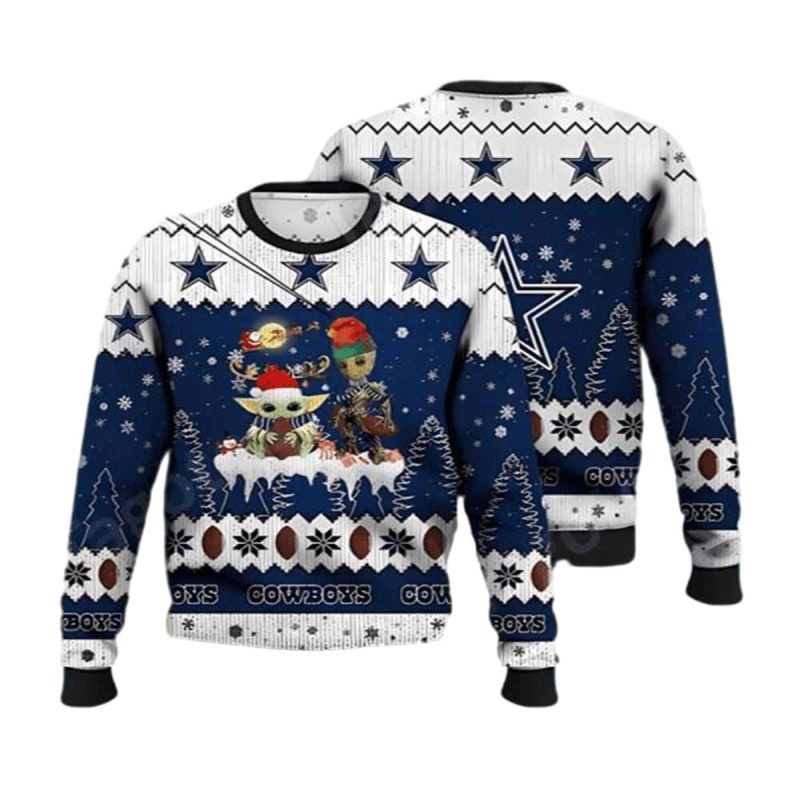 Dallas Cowboys Baby Yoda And Baby Groot Christmas Santa Claus Ugly Sweater 1