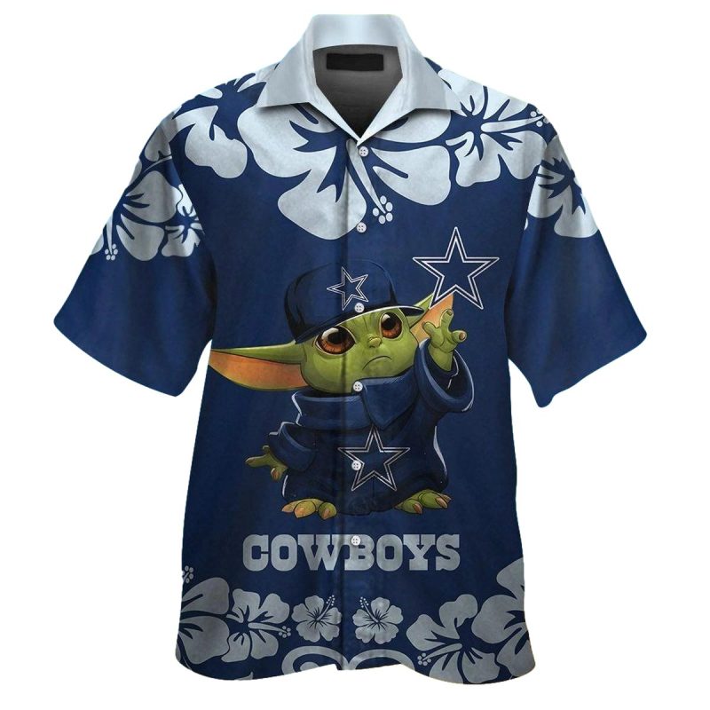 Dallas Cowboys Baby Yoda And Hibiscus Blue Pattern Hawaiian Shirt 1