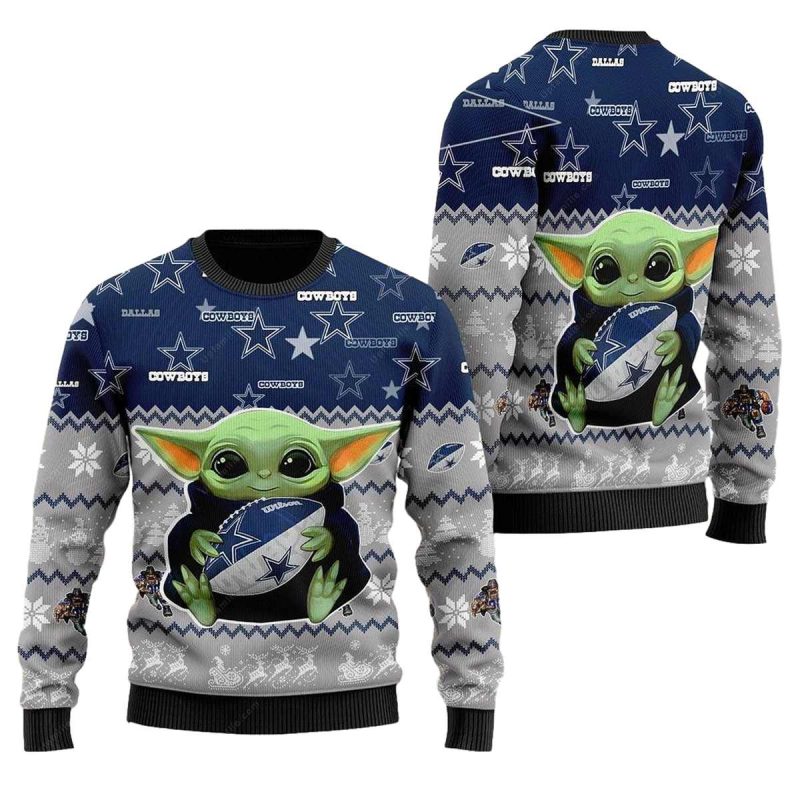 Dallas Cowboys Baby Yoda Hug Ball Blue And White Ugly Sweater 1