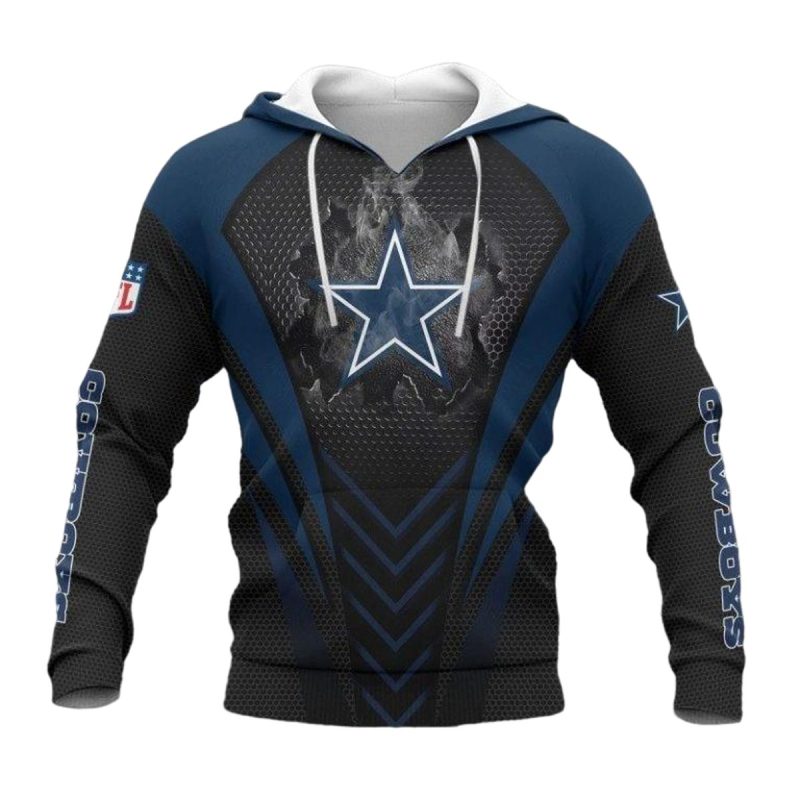 Dallas Cowboys Black Blue Darken Logo Burning Aop Hoodie 1