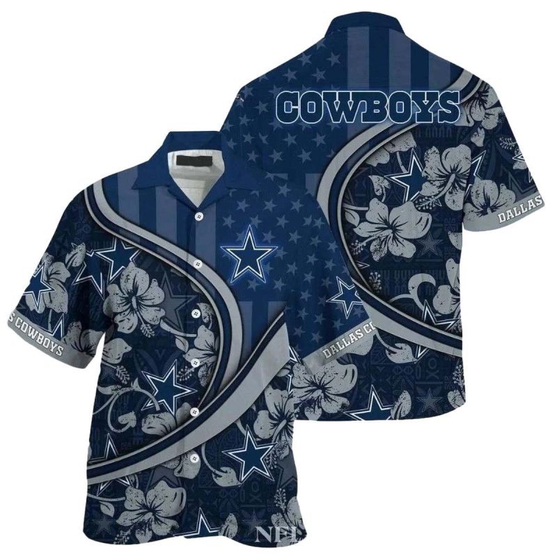 Dallas Cowboys Blue Hibiscus And Us Flag Hawaiian Shirt 1