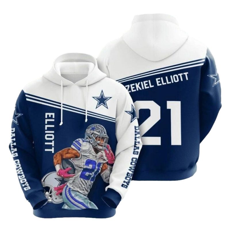 Dallas Cowboys Ezekiel Elliott 21 Blue White Aop Hoodie 1