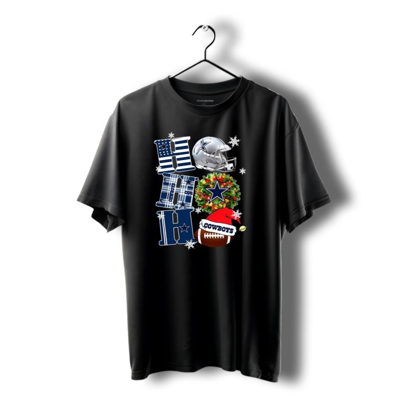 Dallas Cowboys Ho Ho Ho Christmas Football Helmet Wreath Santa Hat T Shirt 1 T Shirt 1 1