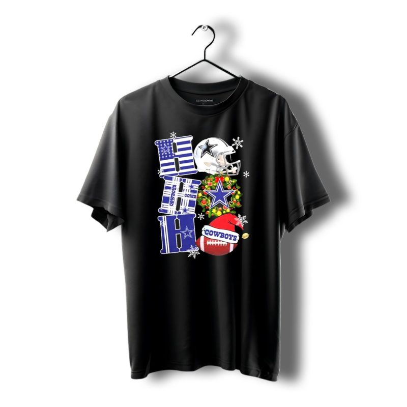 Dallas Cowboys Ho Ho Ho Merry Christmas Football Helmet Wreath Snowflakes T Shirt 1 T Shirt 1 1