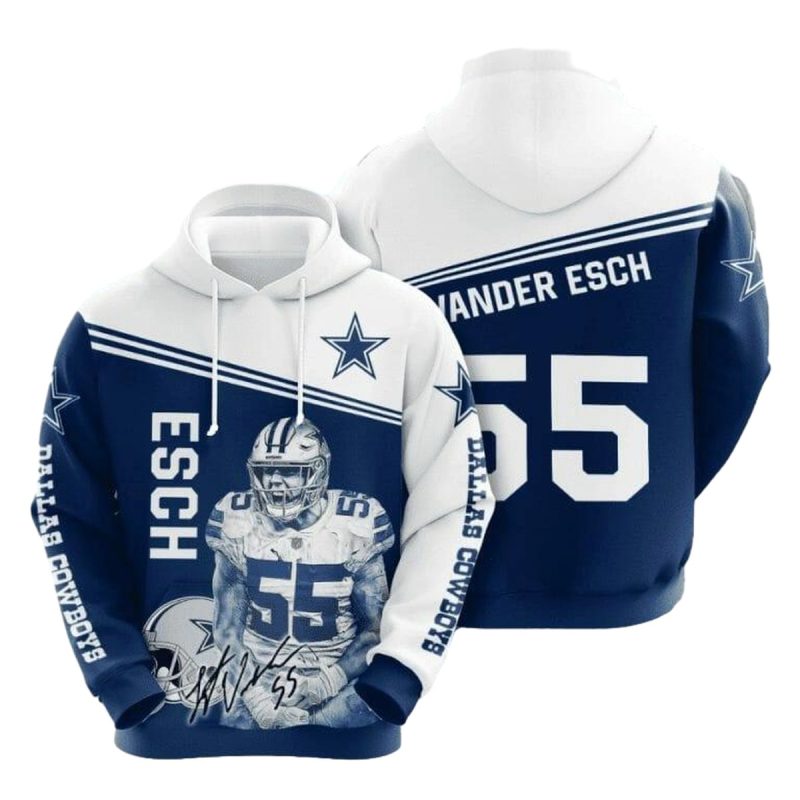Dallas Cowboys Leighton Vander Esch 55 Blue White Aop Hoodie 1