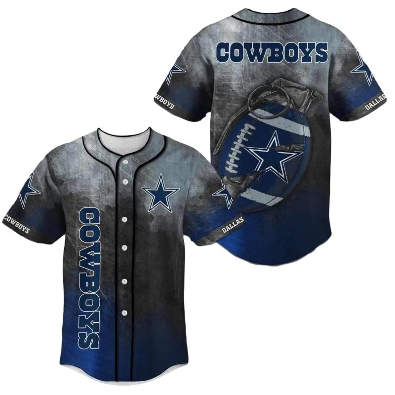 Dallas Cowboys Logo And Ball Distressed Blue And Black Pattern Baseball Jersey 1