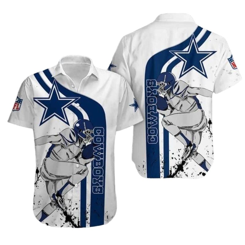 Dallas Cowboys Logo And Cartoon Player White Pattern Hawaiian Shirt 1