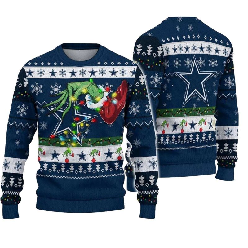 Dallas Cowboys Logo And Grinch Hand Light Up Ugly Sweater 1