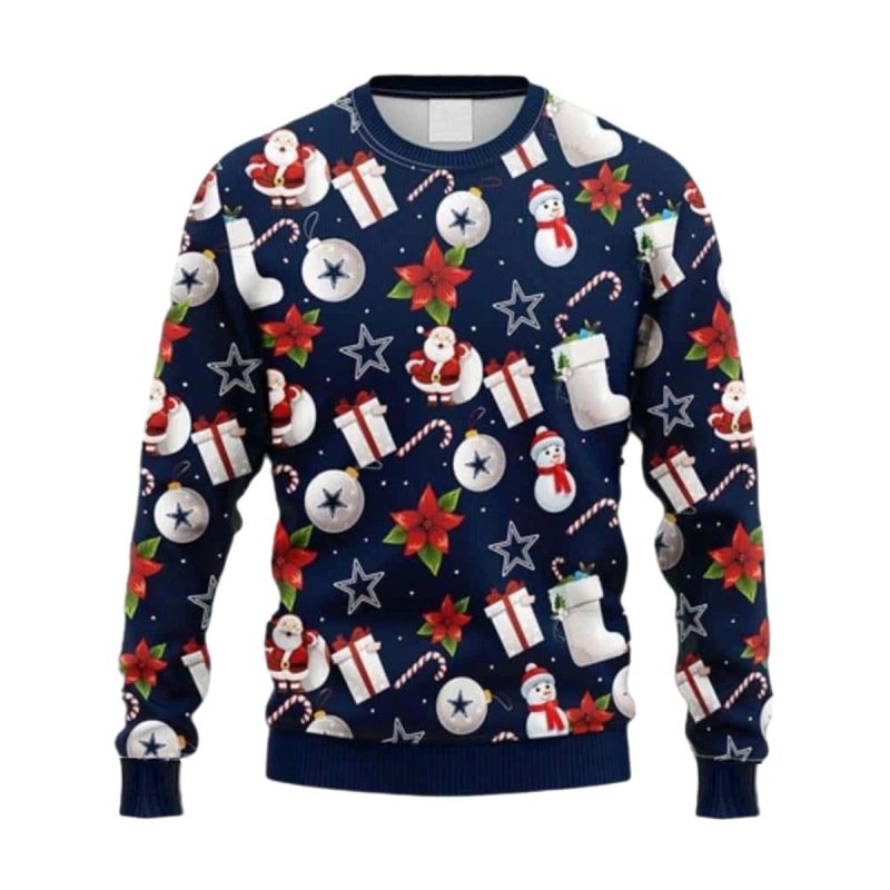 Dallas Cowboys Logo And Santa Claus Snowman Christmas Icons Ugly Sweater 1