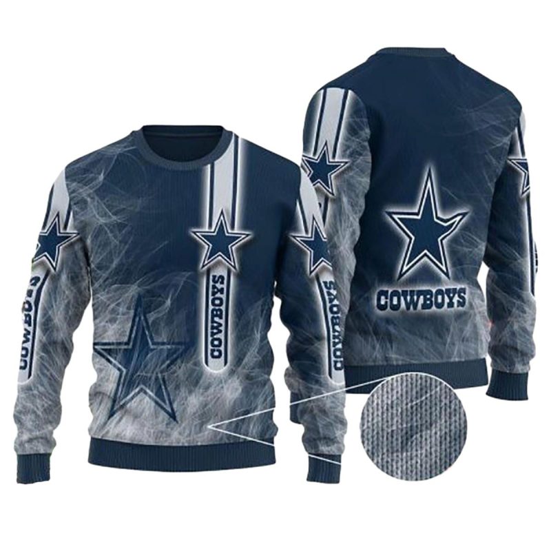 Dallas Cowboys Logo And Smoke Blue Pattern Ugly Sweater 1