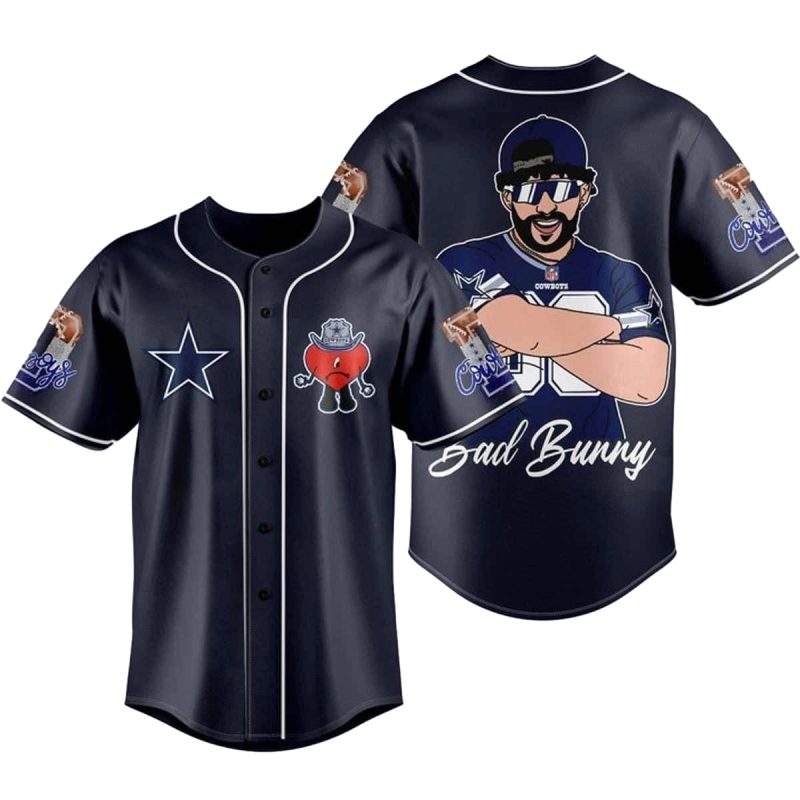 Dallas Cowboys Logo Bad Bunny Navy Blue Baseball Jersey 1