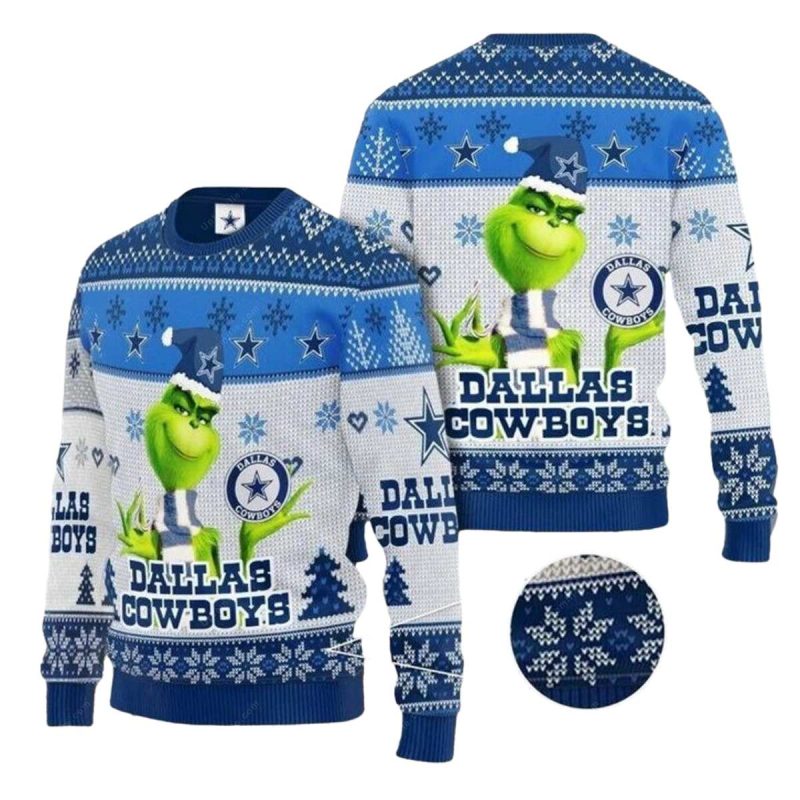 Dallas Cowboys Logo Grinch Santa Claus Blue And White Ugly Sweater 1