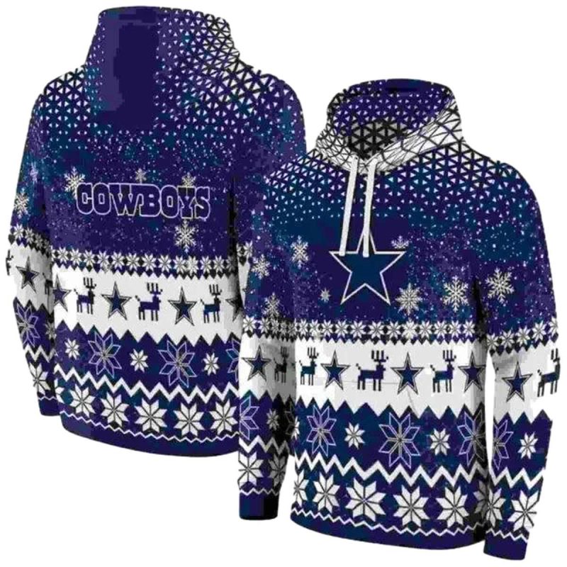 Dallas Cowboys Reindeer Motif Ugly Christmas Blue Aop Hoodie 1