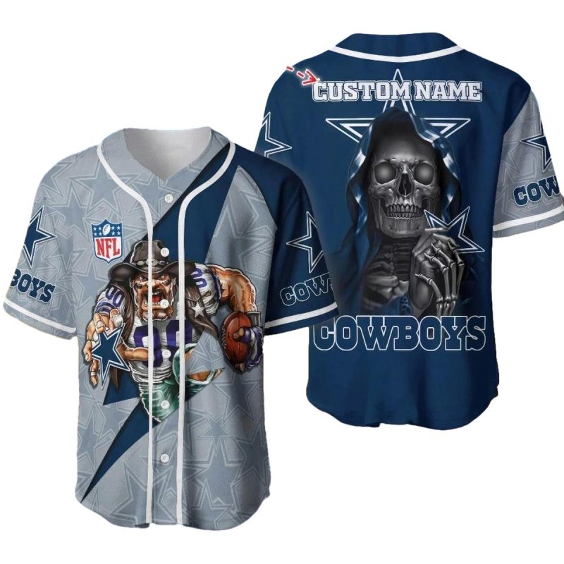 Dallas Cowboys Skull And Mascot Logo Baseball Jersey 1